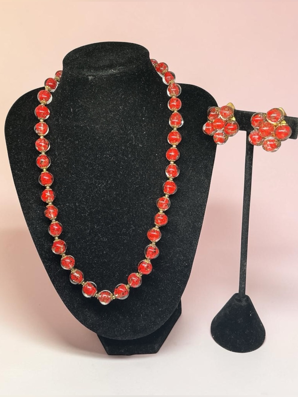 Vintage Red Murano Art Glass Gold Foil Bead Necklace & Cluster Clip Earrings Set